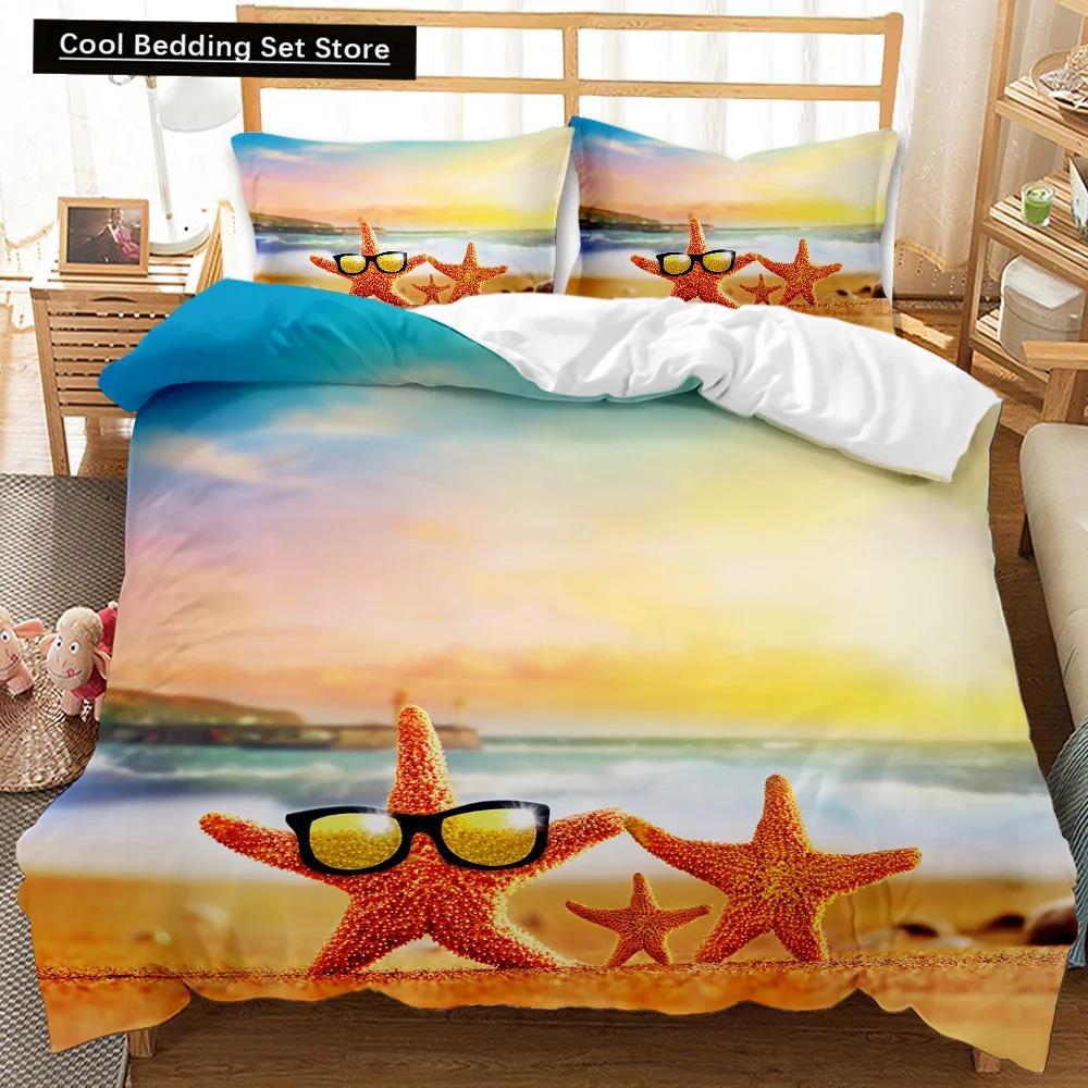Комплект постельного белья Beach Summer Ocean Комплект постельного белья Hawaiian Marine Sea Waves 3D Print Starfish Полиэстеровый пододеяльник Queen King
