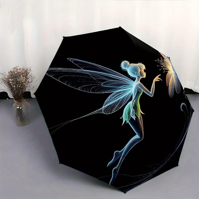 Disney Tinker Bell, Butterfly Automatic Open/Close Umbrella - Cute Umbrella with Cute Design, Portable 3-Fold Compact Umbrella for Men & Wom