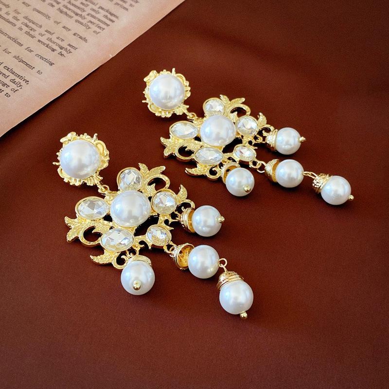 French Luxury Rhinestone & Pearl Tassel Earrings for Women