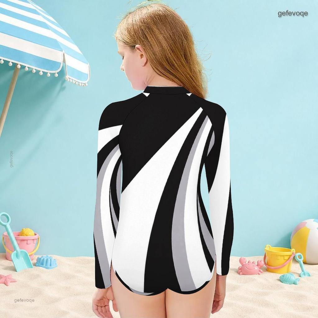 Girls Long Sleeve High Neck Front Zip One Piece Swimsuit Black White Gray Printed