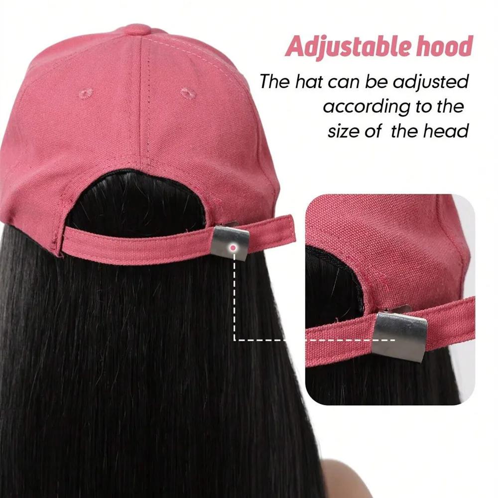 ALAN EATON Long Black Synthetic Wigs with Baseball Hat Removable Silk Straight Wig for Women Smooth Natural Realistic Wig Heat Resistant