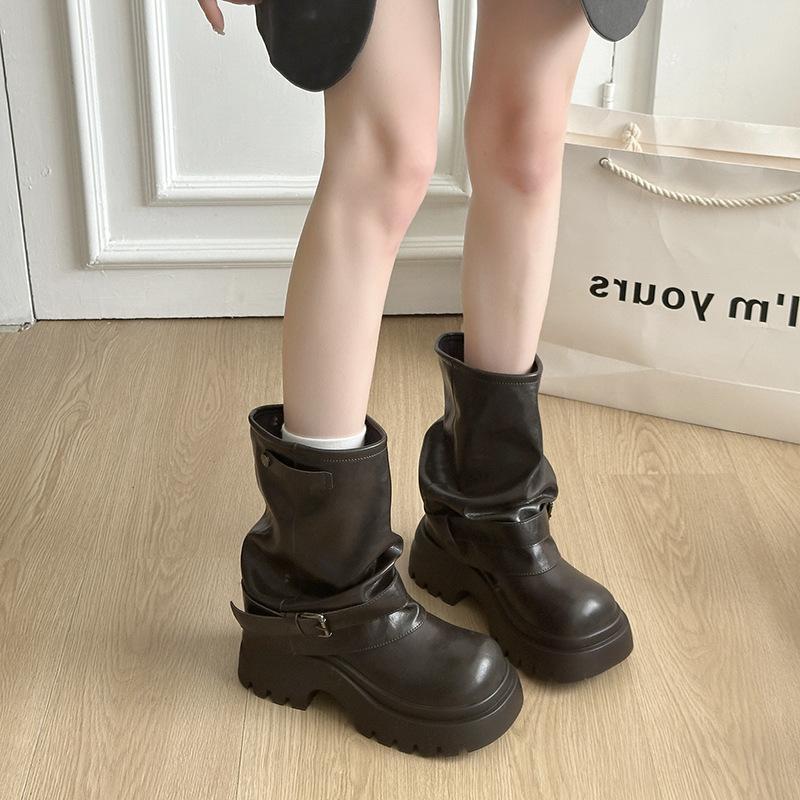 Small Inner Height Increase Martin Boots Women's Pleated Stacking Boots Retro Thick Heel Western Cow Black Versatile Soft Sole