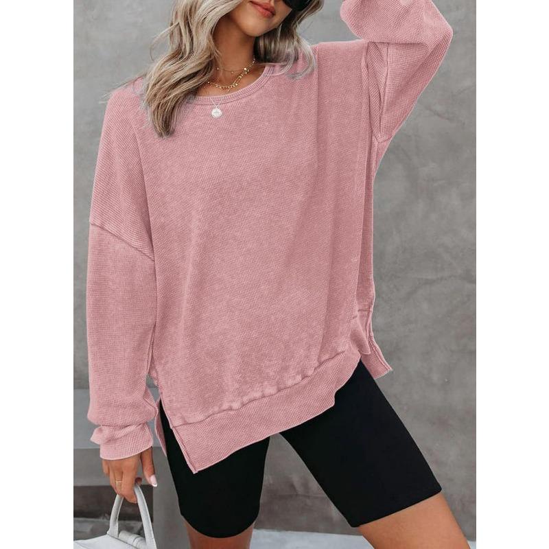 INDFS Женская мода Повседневный однотонный принт Весна Осень Длинные рукава О-образный вырез Пуловеры и длинные рукава