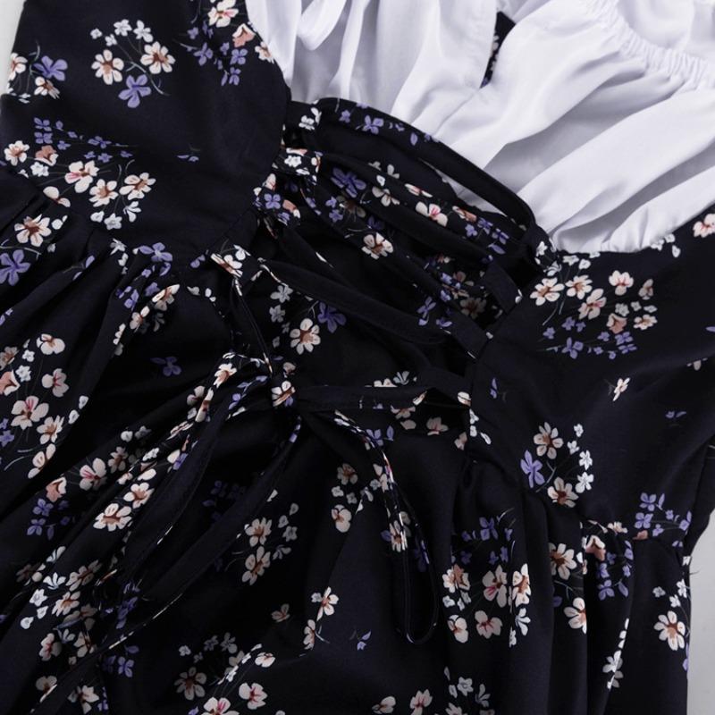 Slimfit сексуальное платье с открытыми плечами и цветочным принтом для женщин, зашнуровать лоскутное мини-платье с длинными рукавами Femme France, винтажное элегантное уличное платье, лето 2024