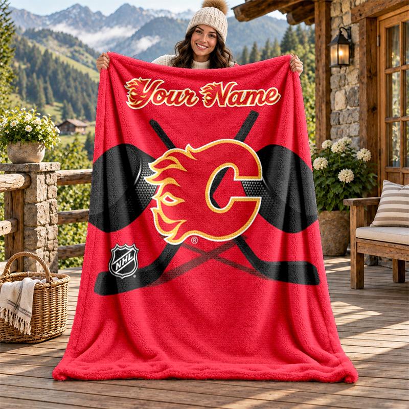 Calgary Flames Custom Name Flannel Blanket Personalized Soft Warm Plush Throw Blanket Customized Gift for Family Friends