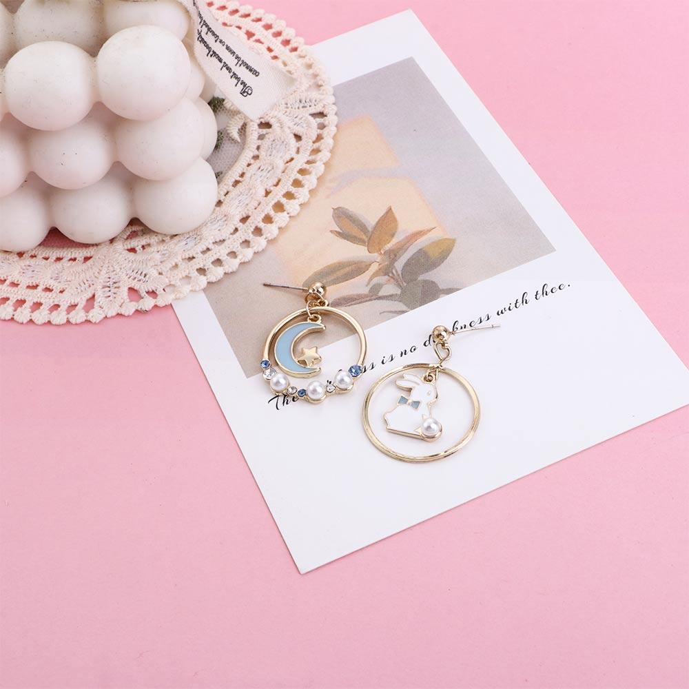 Ins Personality Pink Girl Korean Rabbit Drop Earrings Anti Allergy Asymmetric Earrings Enamel