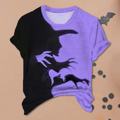 Женская футболка Halloween Witch Shadow Print Casual Tee Круглый вырез с коротким рукавом Spooky Witch Свободный крой