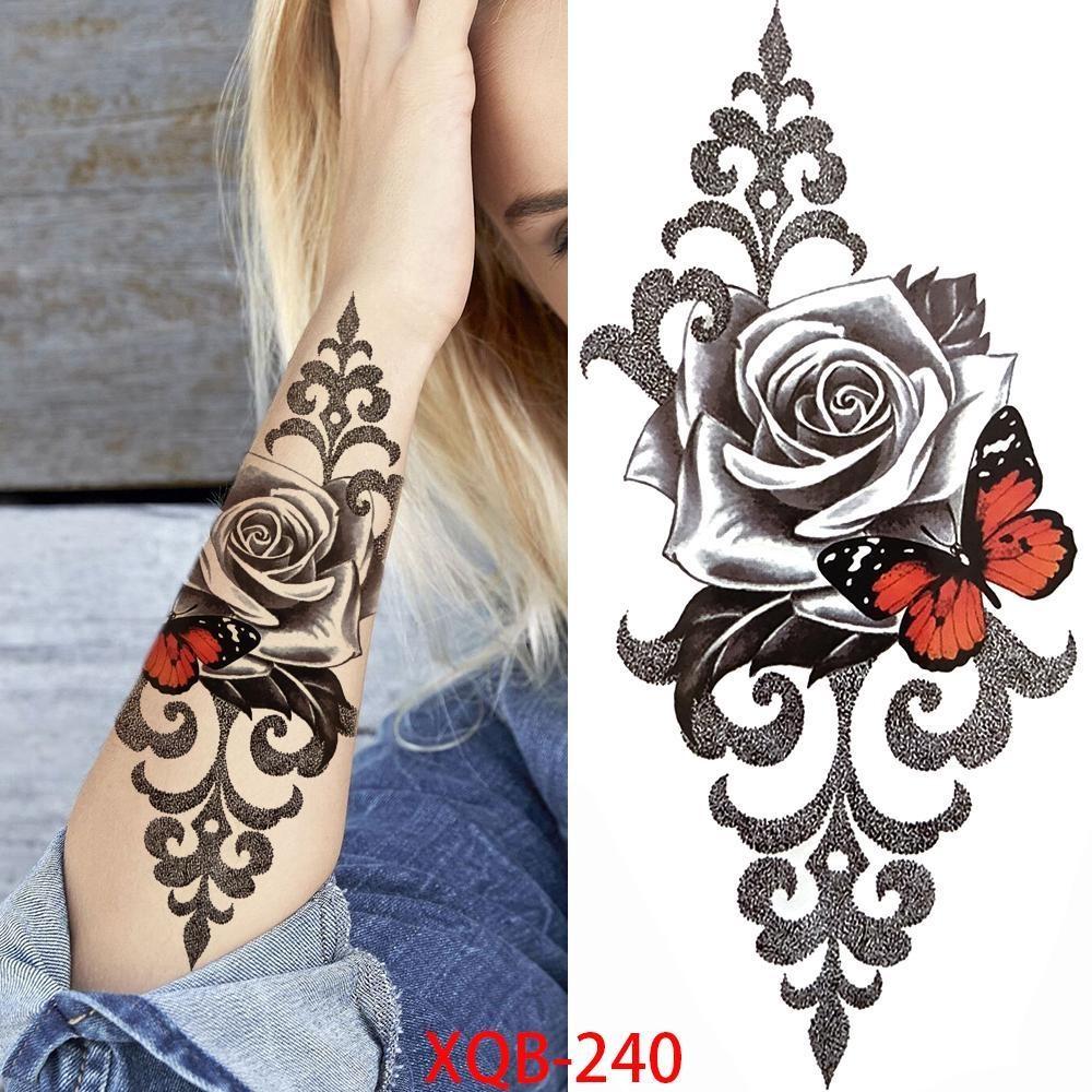 1 ШТ. 210*114 ММ Сексуальный Цветочный Узор Временные Татуировки Черной Розы для Женщин Водонепроницаемые Поддельные Татуировки для Рук Боди-Арт Рукав Наклейка Для Тела