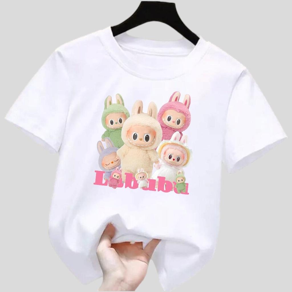 Новая детская футболка Labubu с множеством узоров LABUBU, круглым вырезом, короткими рукавами, повседневная, универсальный топ для девочек