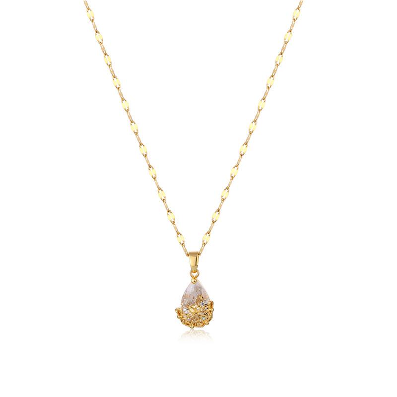 Elegant Water Drop Pendant Necklace 18K Gold Titanium Steel Water Drop Crystal Zircon Necklace for Women