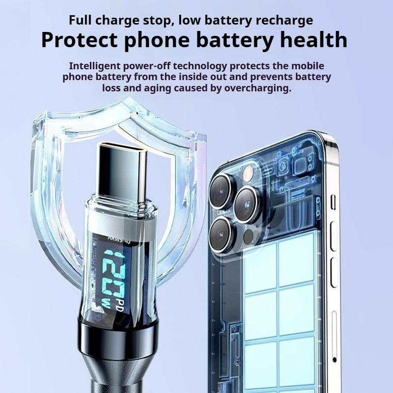 Кабель Vivo FlashCharge 120 Вт Макс. Быстрая зарядка USB C на C со светодиодным дисплеем для серии X, а также iPhone 15, MacBook, телефонов Huawei, OPPO