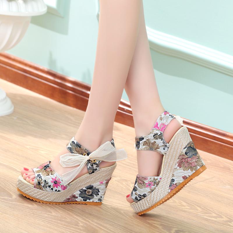 Fashion Fashionable Slope Heel Printed Elegant Sandals 2024 Versatile Summer Casual Women's Shoes Lightweight and Breathable High Heels