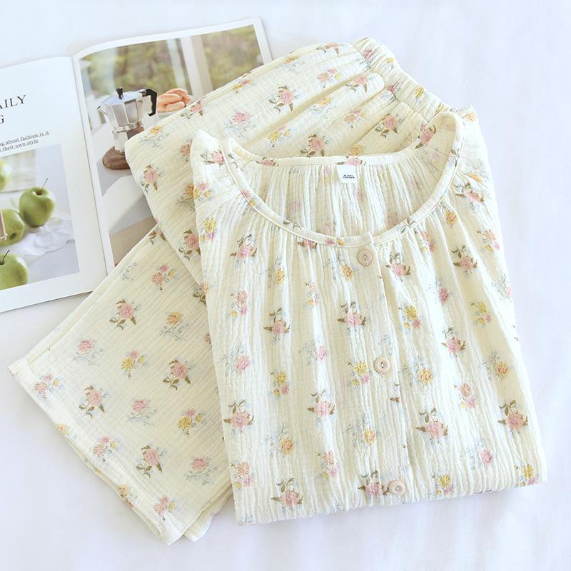 2025 Новый весенне-летний женский пижамный комплект из 100% хлопкового крепа с длинными рукавами и брюками с круглым вырезом, комплект из двух предметов Fresh Home Fury