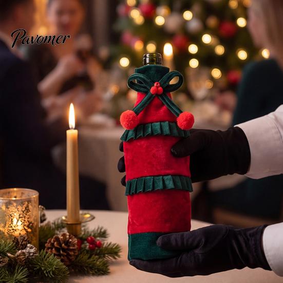 Holiday Party Table Decorations Christmas Wine Bottle Cover with Bow & Pom Pom, Drawstring Red Cute Costumes Green Wrap for Decor, Home Decoration