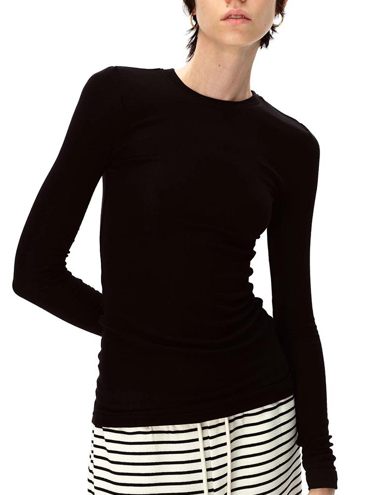 Женская приталенная футболка с длинным рукавом в стиле ретро из легкой американской шерсти и тенселя - Приятный к коже и эластичный базовый слой