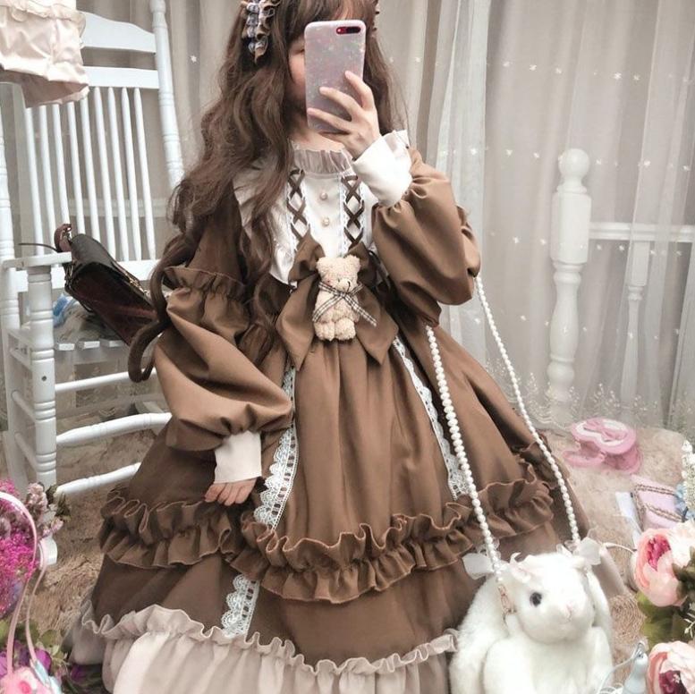 Японское готическое платье Лолиты, женское кавайное кружевное синее платье с бантом и медведем, платье принцессы с длинными рукавами, костюм на Хэллоуин, подарок для девочек