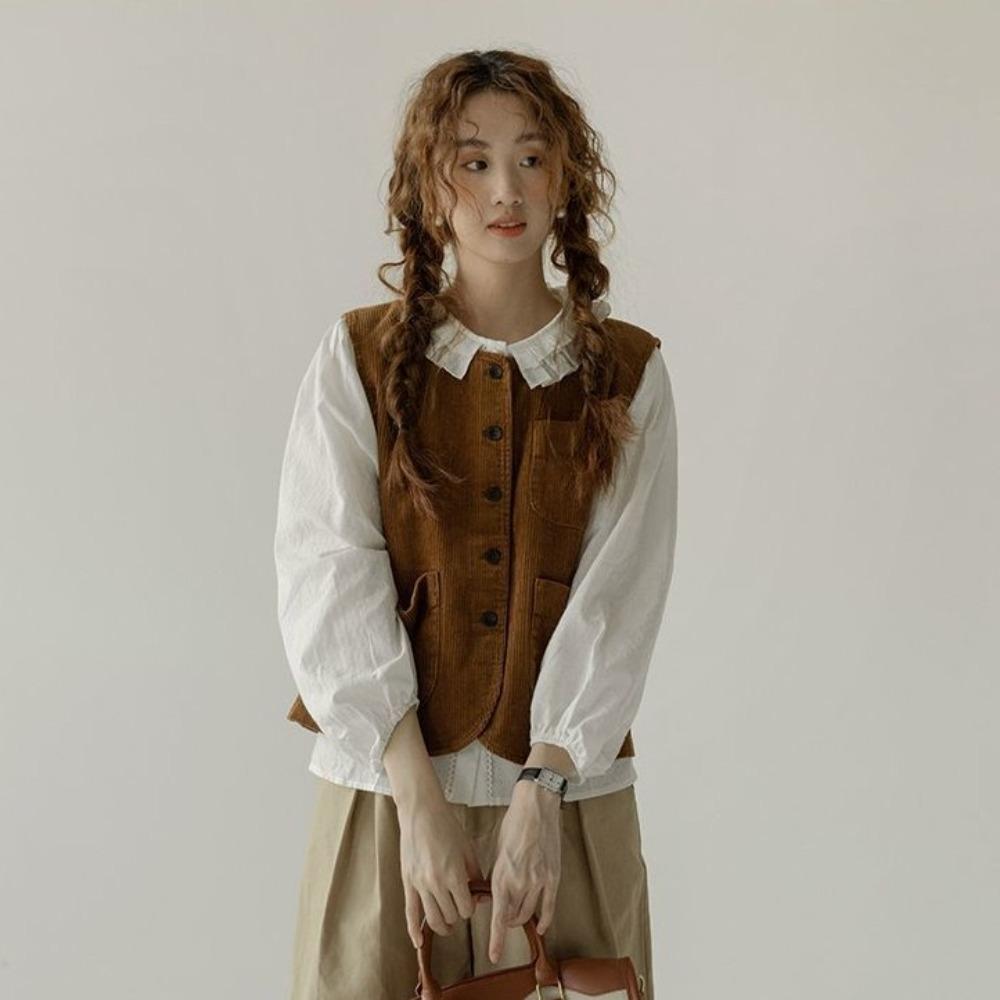 Round Neck Vintage Corduroy Vests Brown Waistcoat Women Simple Cropped Sleeveless Jacket Ladies