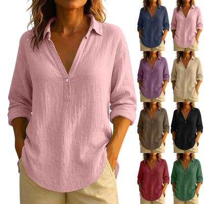 Женская повседневная модная удобная однотонная свободная рубашка с V-образным вырезом и длинными рукавами на пуговицах