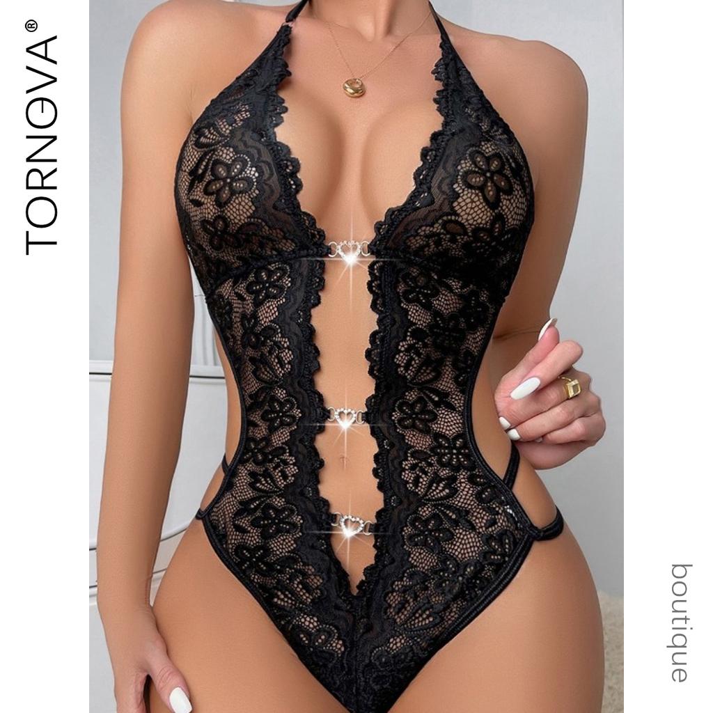 Tornova Сексуальное нижнее белье Кружевной пэчворк Сетчатый Прозрачный Комбинезон-халтер С открытым пупком Соблазн Бриллиантовое кружево Женское нижнее белье
