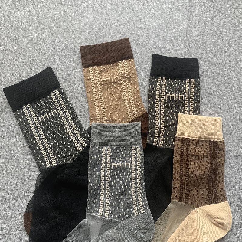 5 Pairs of Women's Cotton Bottom Crystal Silk Middle Tube Thin Cut Hollow Black Versatile Long Tube Stockings