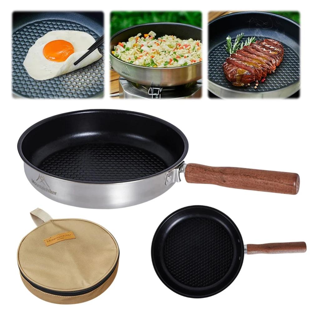 Outdoor Portable Stainless Steel Mini Wok Pan Non-Stick Egg & Steak Flat-Bottomed Frying Pan for Camping Hiking Travel Picnics