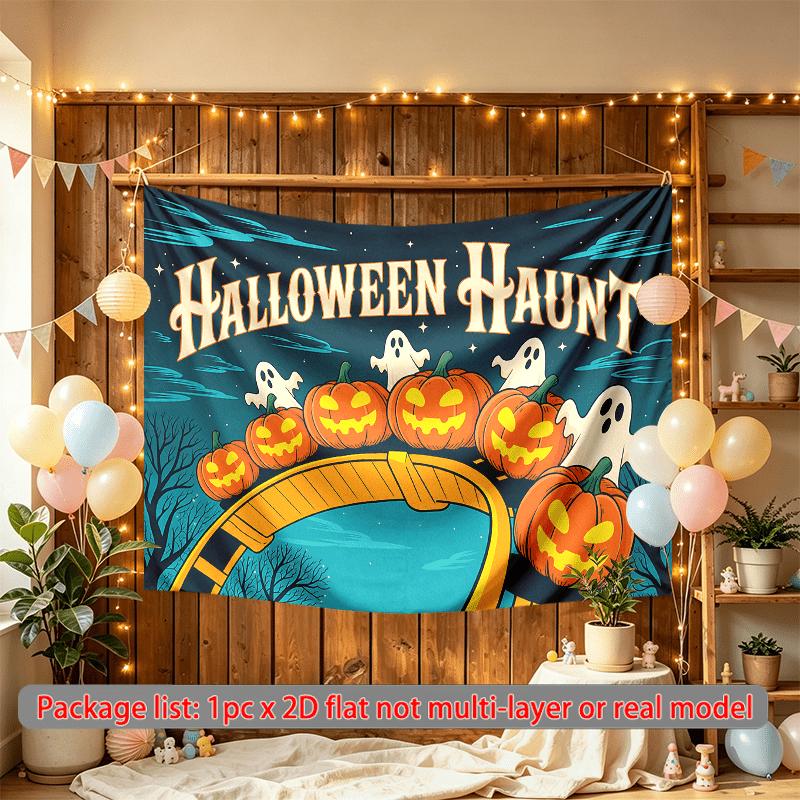 Halloween Spooky Pumpkin Ghosts Banner, Multicolor Polyester Backdrop for Wall Hanging Decor