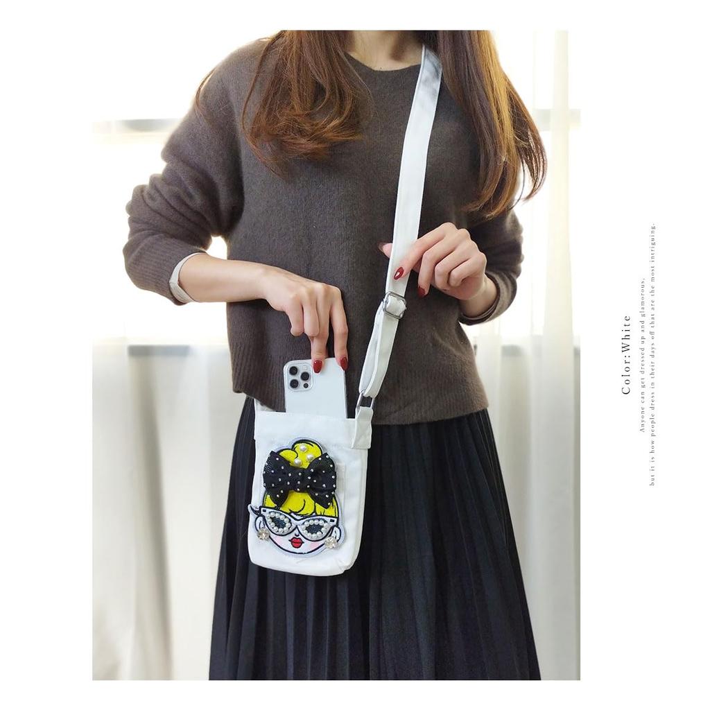 Smartphone Shoulder Denim Smartphone Pouch Pochette Shoulder Bag Pouch Crossbody Vertical Glitter Girl Smartphone Pouch [DIVA Rose] Women's (Black)