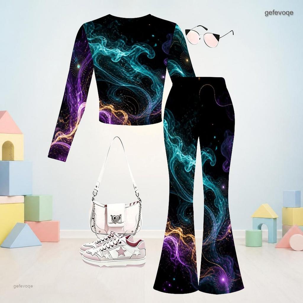 Girls Round Neck Long Sleeve Printed Crop Top Flared Pants Two Piece Set