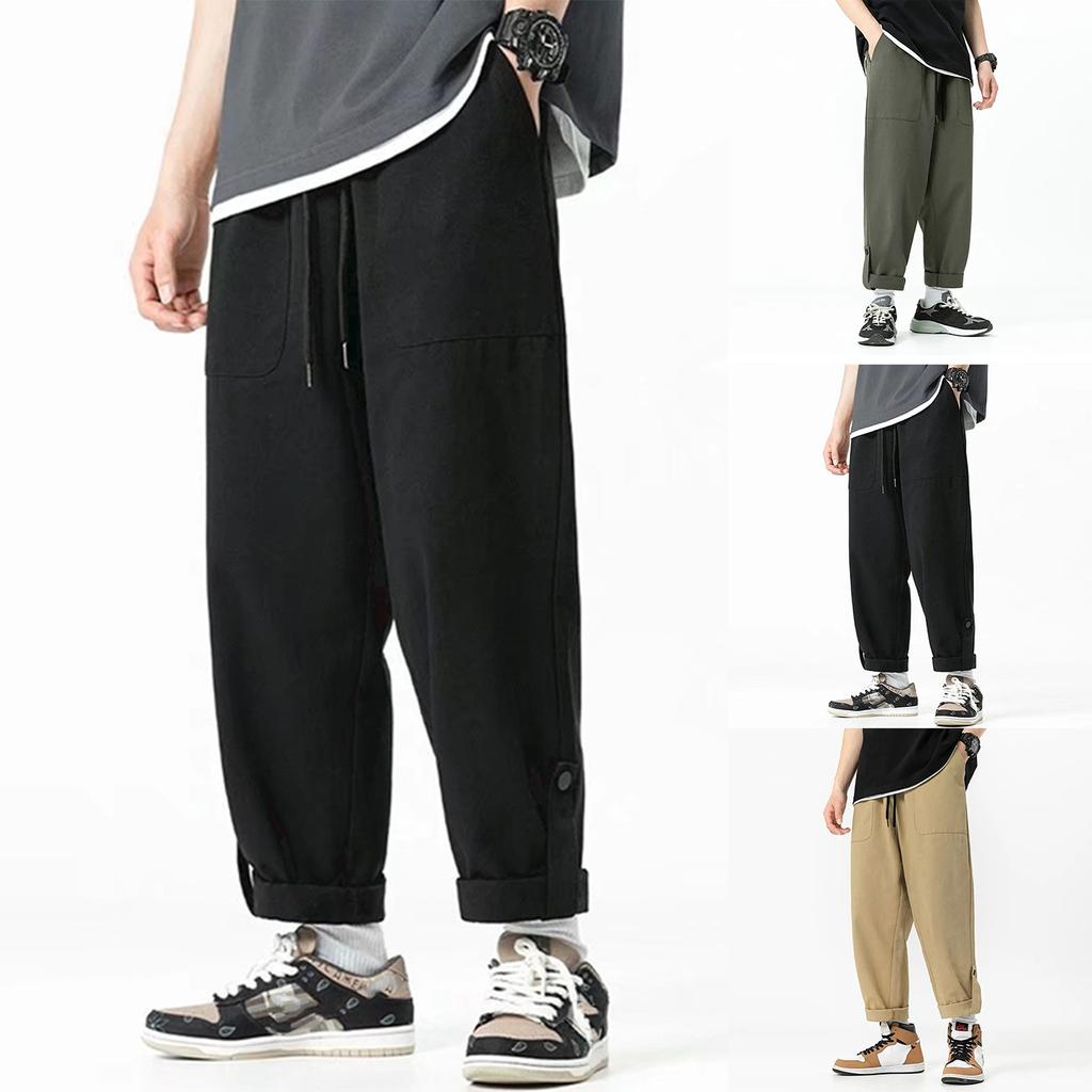 (Куниде) Мужские свободные широкие брюки с прямыми штанинами, красивые рабочие брюки на пуговицах и с закругленным краем