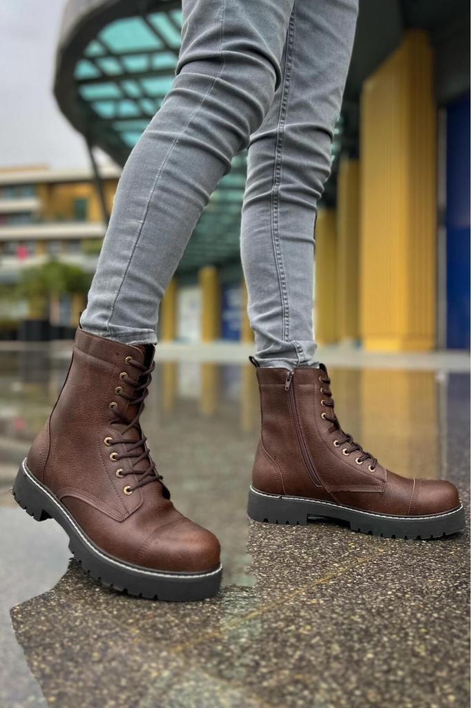 Men's Fashion Faux Leather Flat Heeled Boots Bootie Matte St Boots Brown Ch Shoes