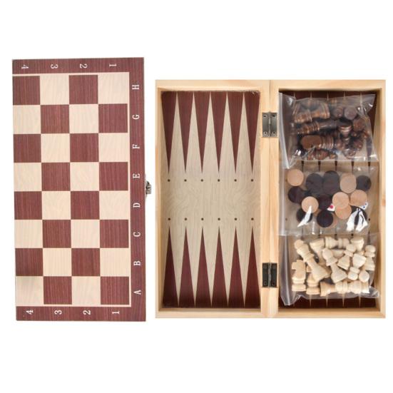 1 Set 3-In-1 Chess Board Game Wooden Chess Checker Backgammon Game Foldable Portable