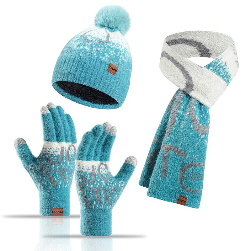 Winter Knitted Women's Jacquard Thickened Imitation Mink Scarf, Hat and Gloves Three-piece Set