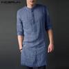 S-5XL Men's Regular Fit Collar Kurta Muslim Dresses Abaya Kaftan Long Sleeve Male Shirt