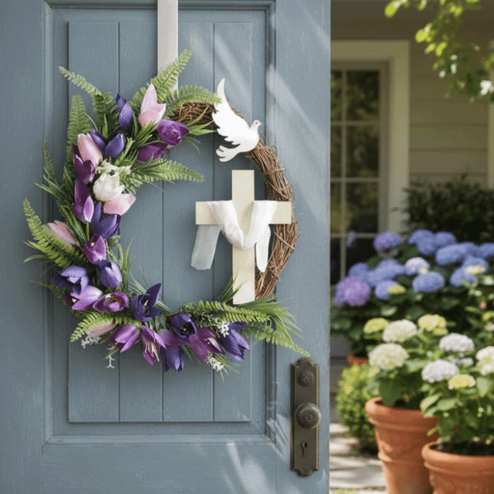 Faux Flowers Easter Tulip Cross Wreath Colorful Design Handmade Rattan Ring Garland Artificial Front Door Hanging Garlands