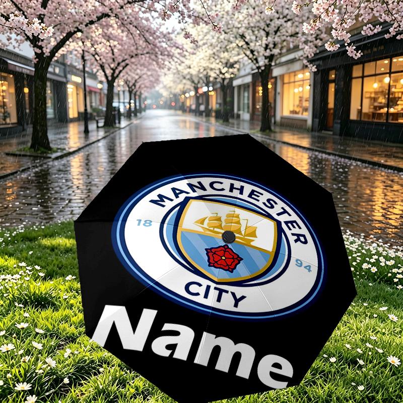 Custom Name Personalized Manchester City FC Print Umbrella, Auto Open Close, 8‑Rib Sturdy Frame, Commute Camping Hiking Use, Birthday Gift
