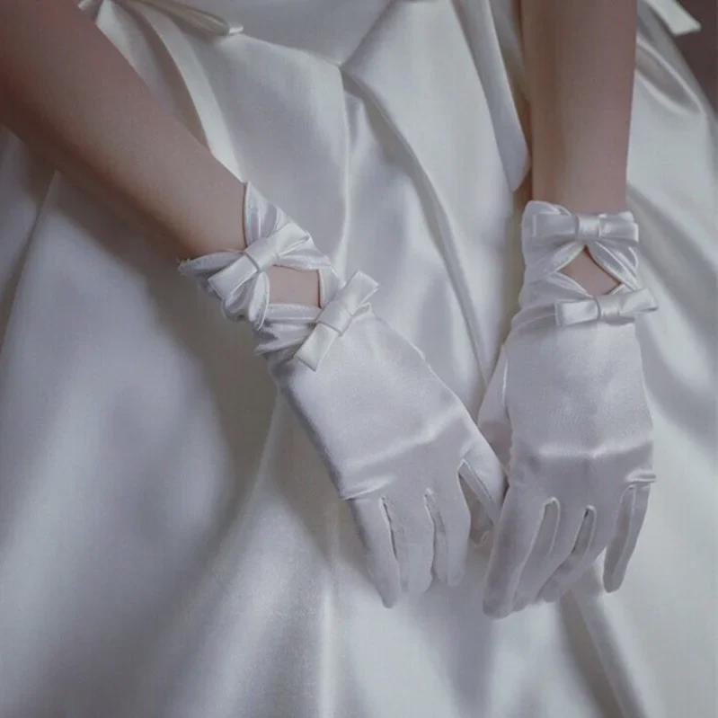 Hepburn Style Lace Bridal Gloves with Red and White Bow