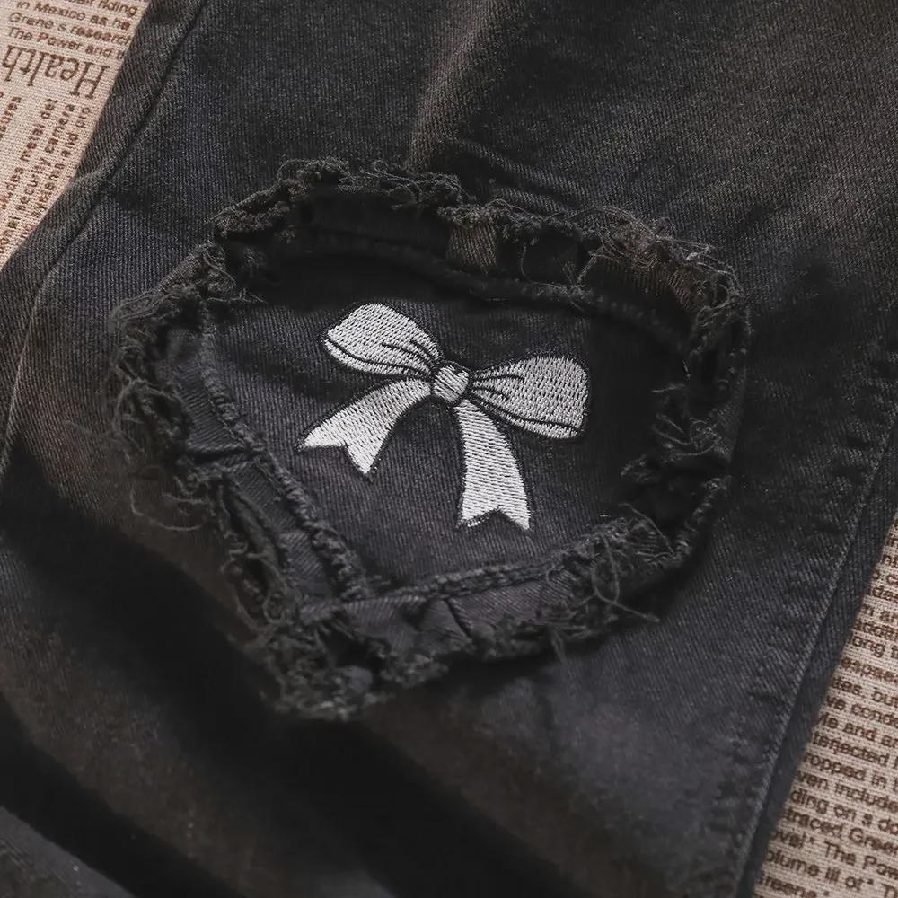 Женские черные джинсы с высокой талией и вышитым бантом Love Bow - новый весенне-осенний стиль с прямыми, свободными широкими штанинами
