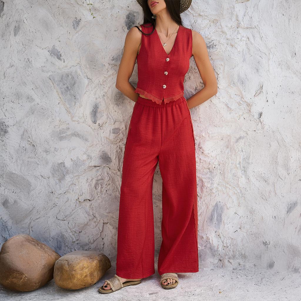 Spring and Summer Women's Casual Resort Commuter Style Solid Colour Cardigan Vest Wide Leg Trousers Suit