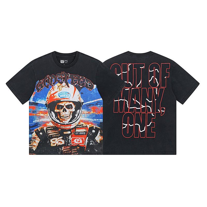 Premium Cotton Oversized Graphic Tee Men Women Skull Letter Print Washed Vintage Style Loose Fit Casual T-Shirt
