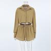 Khaki Cotton Linen Shorts Sets Women Spring Causal Long Sleeve Lapel Crop Shirt Lace-Up Wide Leg Shorts Simple Suits