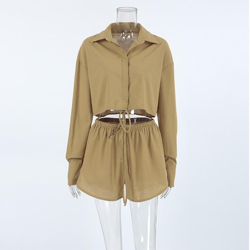 Khaki Cotton Linen Shorts Sets Women Spring Causal Long Sleeve Lapel Crop Shirt Lace-Up Wide Leg Shorts Simple Suits