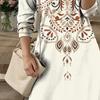 Women Dress Ethnic Style Print V Neck Long Sleeve Bohemian Loose A-line Pullover Soft Ankle
