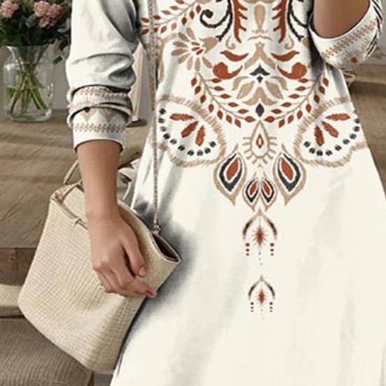 Women Dress Ethnic Style Print V Neck Long Sleeve Bohemian Loose A-line Pullover Soft Ankle