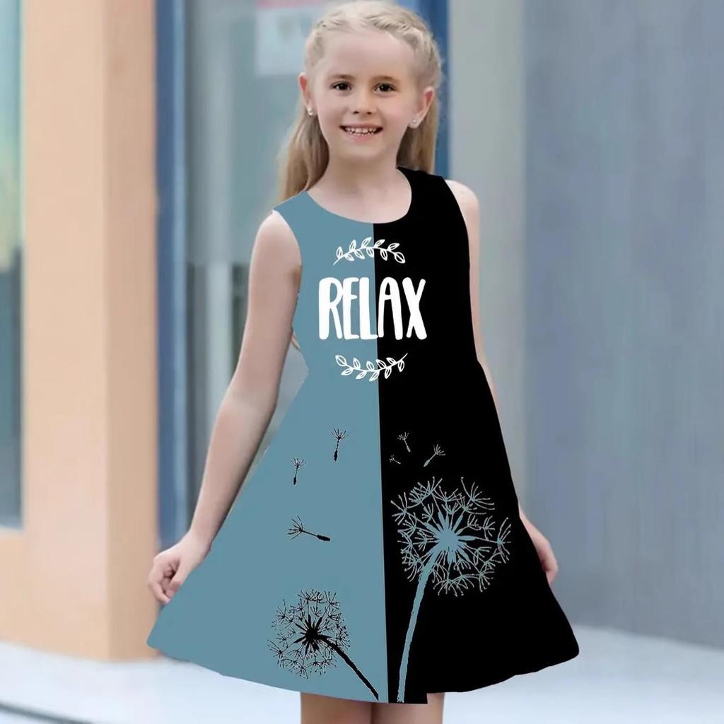Girls Round Neck Sleeveless Vest Dress Dress Dresses Lovely Splicing Collision Colour Princess Dress 3D Digital Printing