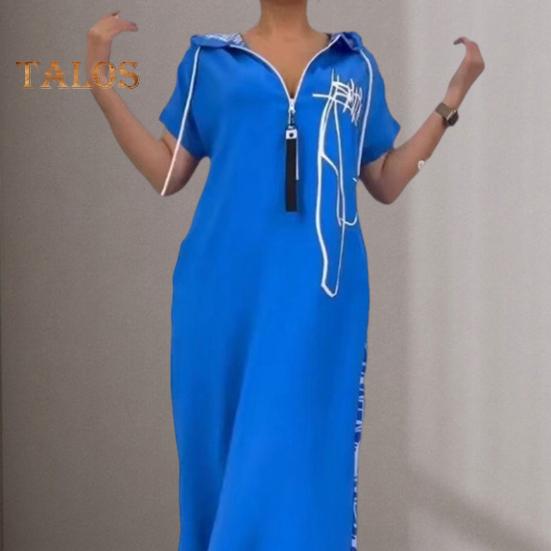 Летнее платье макси на молнии с капюшоном на шнурке с короткими рукавами Свободный подол с принтом в стиле пэчворк Повседневная повседневная одежда длинное платье