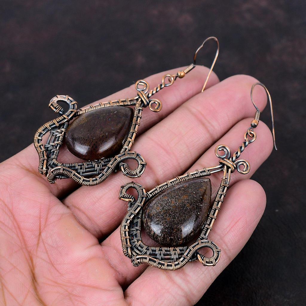 Серьги из кости динозавра, медные серьги, обернутые проволокой, ювелирные изделия из кости динозавра, настоящие серьги из драгоценных камней, серьги ручной работы, подарок для мамы, медные украшения