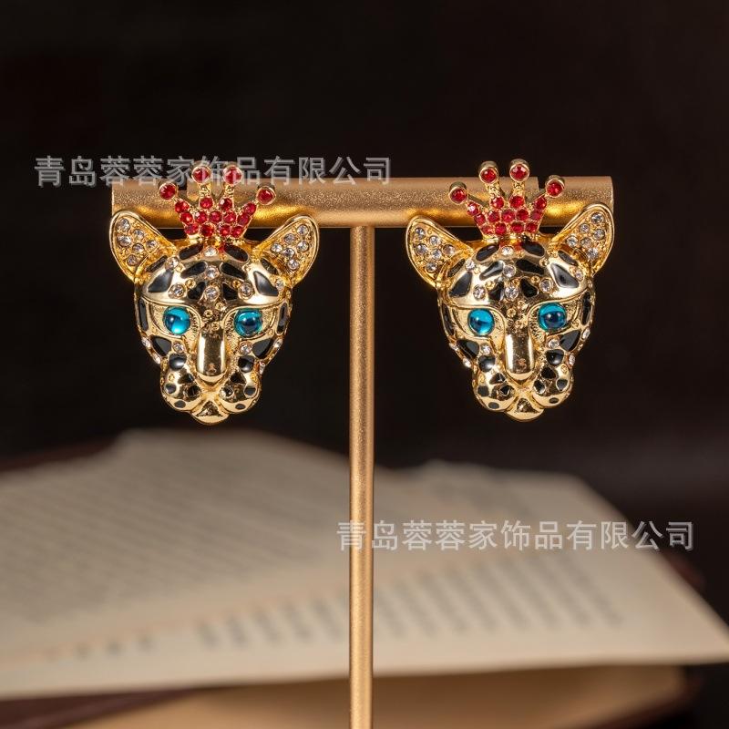 BJ Animal Style Cheetah Necklace Colorful Treasure Exaggerated Leopard Head Earrings Personalized Antique Heavy Industry Jewelry