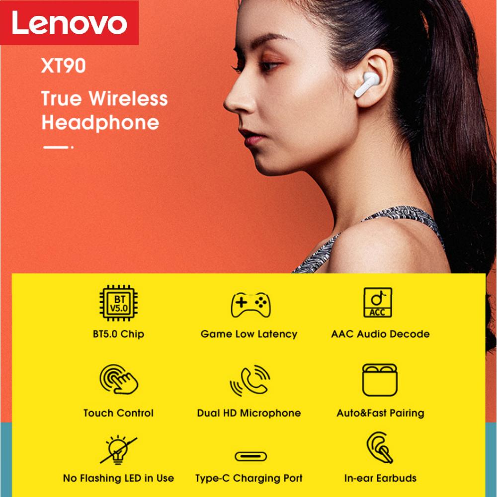Lenovo Наушники XT90 TWS Bluetooth 5.0 True Wireless Наушники с сенсорным управлением Спортивная гарнитура с защитой от пота Наушники-вкладыши с микрофоном Зарядный чехол емкостью 300 мАч