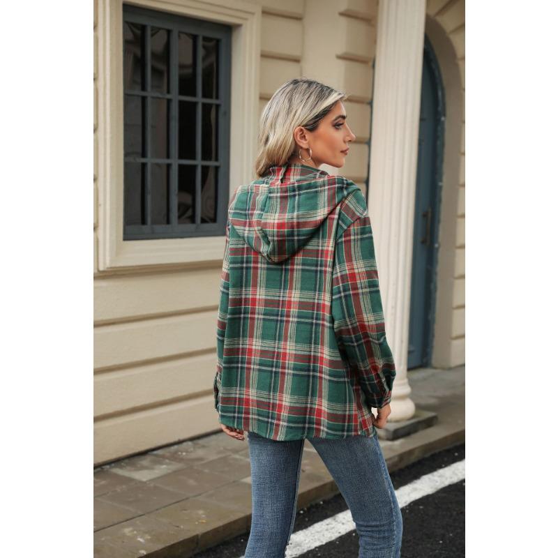 Осенне-зимняя женская куртка больших размеров с длинными рукавами и капюшоном на пуговицах, клетчатая толстовка