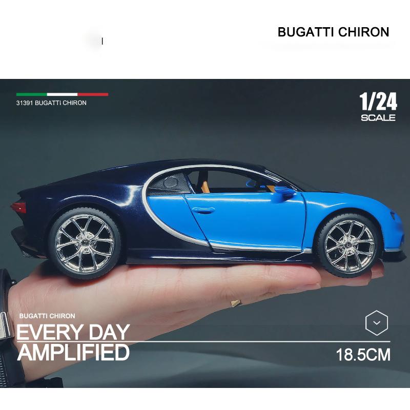 1:24-масштабная модель автомобиля Bugatti Chiron, игрушки для мальчиков, игрушки в возрасте от 3 до 12 лет, транспортные средства с откатным механизмом, музыкальными дверями и открывающимся капотом